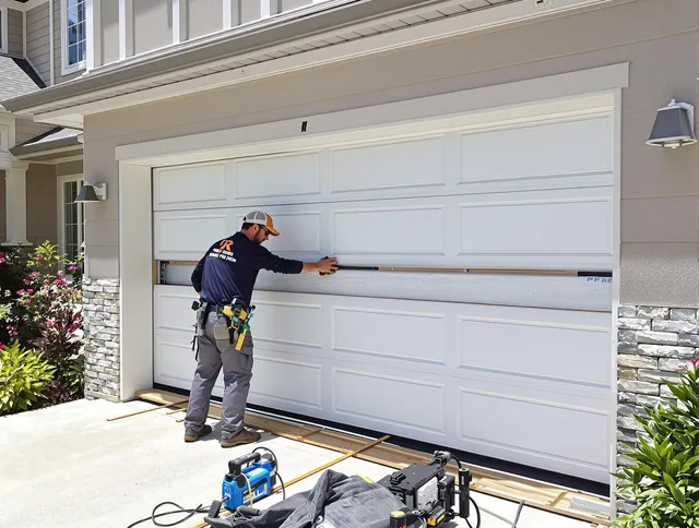 Bedford Garage Door Repair team performing complete garage door replacement at Bedford residence