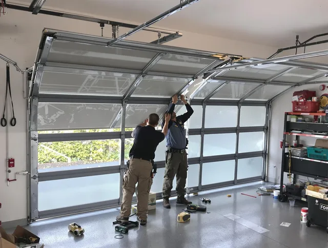 Bedford Garage Door Repair expert performing precise panel replacement on Bedford garage door